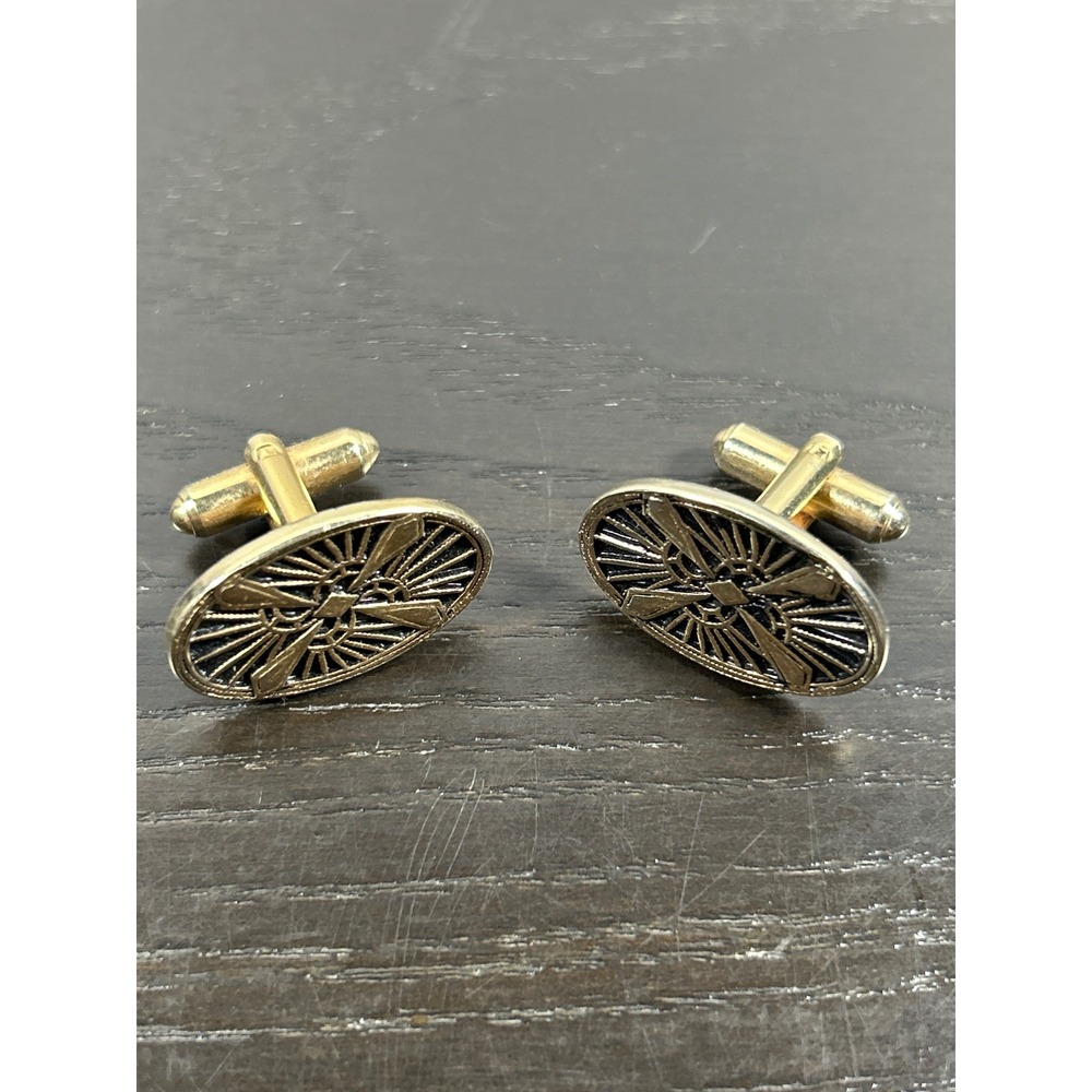 Vintage Gold Tone Sunburst Oval Cufflinks Geometric Textured Formal Mens Jewelry